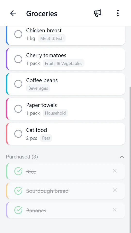 Check items off — the whole family sees what is already bought